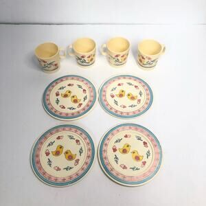 vintage chilton tea‎ set plastic cups and saucers blue yellow birds 8 piece